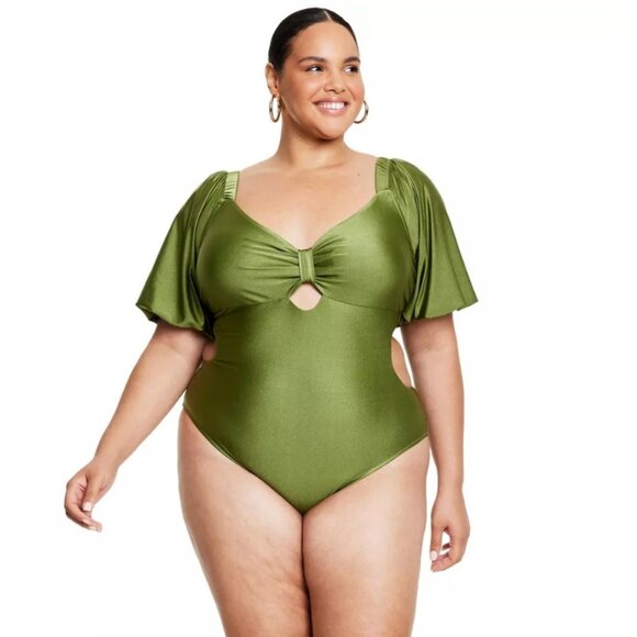 NWT Fe Noel Metallic Puff Sleeve Cut Out Medium Coverage One Piece Swimsuit - Picture 3 of 4